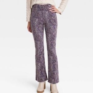 Knox Rose Purple Paisley Print High Rise Corduroy Flared Pants